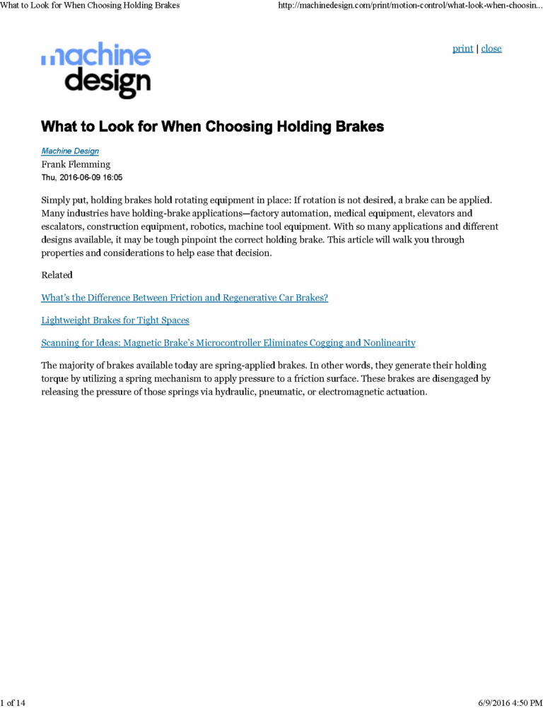 Machine Design:  What to look for when choosing holding brakes