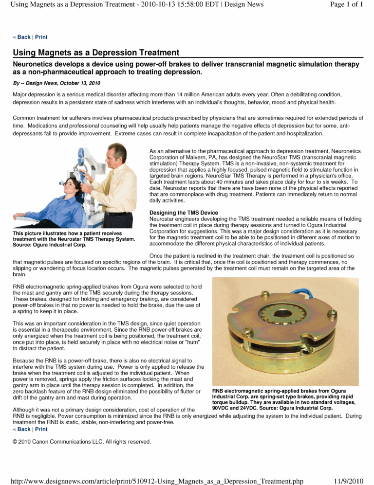 Design News: Ogura Electromagnetic Brakes Help Depression Treatment Machine